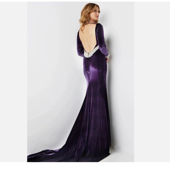 Jovani 09139 Velvet Rhinestone Trim Open Back Full Length Gown - Picture 4 of 6
